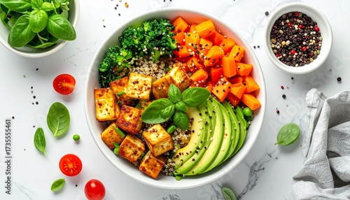 Healthy and delicious vegan buddha bowl packed with fresh ingredients like tofu, avocado, broccoli, quinoa, and cherry tomatoes