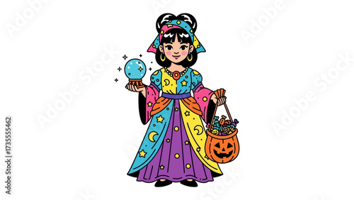 Fortune Teller's Enchantment: An artistic illustration of a charismatic fortune teller, adorned in vibrant attire, cradles a crystal ball while holding a Halloween-themed bag filled with treats.