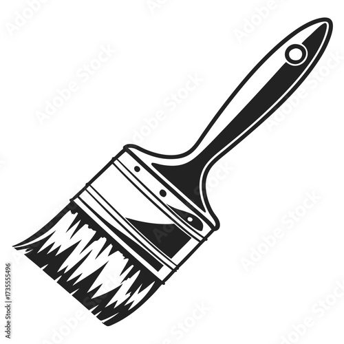 Black and white illustration of a paint brush with a long handle and bristles on a white background Keywords: paint brush, paintbrush, tool, art, artist, painting, drawing, craft, DIY, home