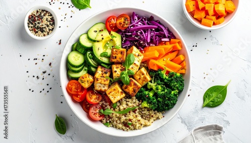 Healthy and vibrant Buddha bowl with quinoa, tofu, fresh vegetables, and herbs for a nutritious meal
