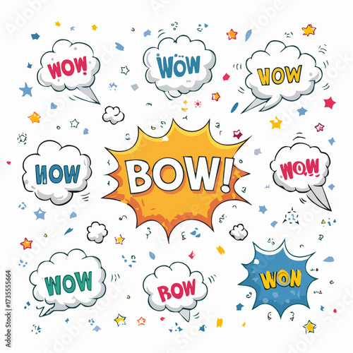 Comic boom cartoon effect line element set. Comic speech bubble pow, boom text, explosive splash smoke, wow cartoon vector icon. 