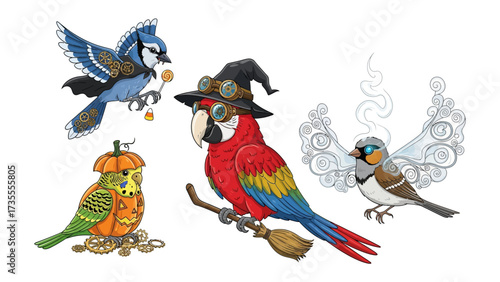 Enchanting Avian Ensemble: A quartet of uniquely styled birds presents a whimsical showcase, each adorned with intricate steampunk-inspired elements, poised for imaginative adventure.
