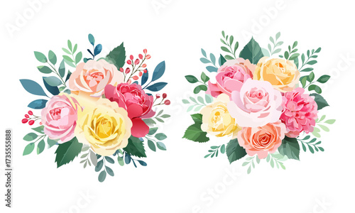 A watercolor illustration of roses and peonies in a floral arrangement isolated on a pure white background.
