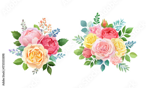 A watercolor illustration of roses and peonies in a floral arrangement isolated on a pure white background.
