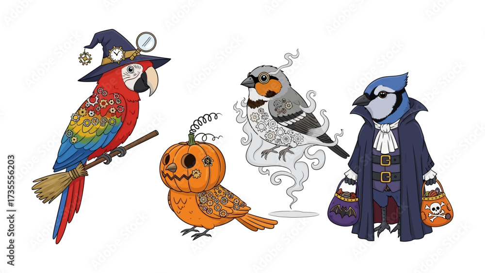 Naklejka premium Halloween Birds in Festive Costumes: A whimsical group of meticulously detailed birds, each adorned in enchanting Halloween costumes. They're set against a bright.