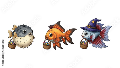 Whimsical Fish Gathering Easter Eggs: An adorable illustration of various fish with Easter eggs. perfect for designs related to Easter celebrations.