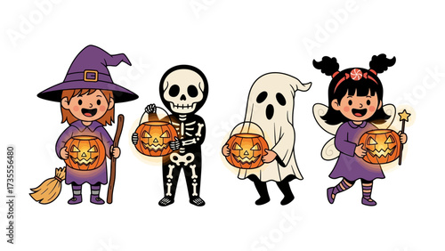 Spooky Halloween Parade: A delightful illustration capturing the spirit of Halloween with adorable children dressed as a witch, skeleton, ghost, and fairy, each proudly holding a carved pumpkin.