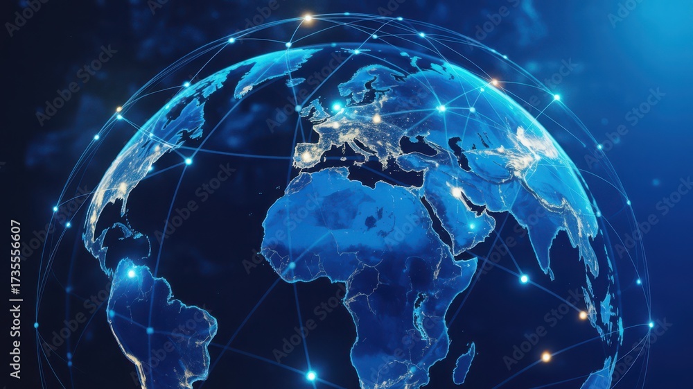 Fototapeta premium Global Network, Earth Map, Blue Connections, World Globe
