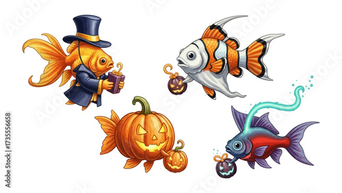 Whimsical Aquatic Festivities: An enchanting illustration of four distinct fish, each embodying the spirit of the season with creatively incorporated jack-o'-lanterns and celebratory props. 