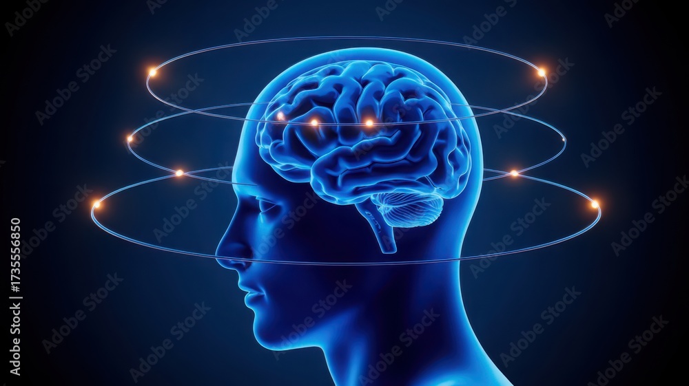 Obraz premium Glowing blue brain, human head, neuroscience concept, mental health, glowing circuits