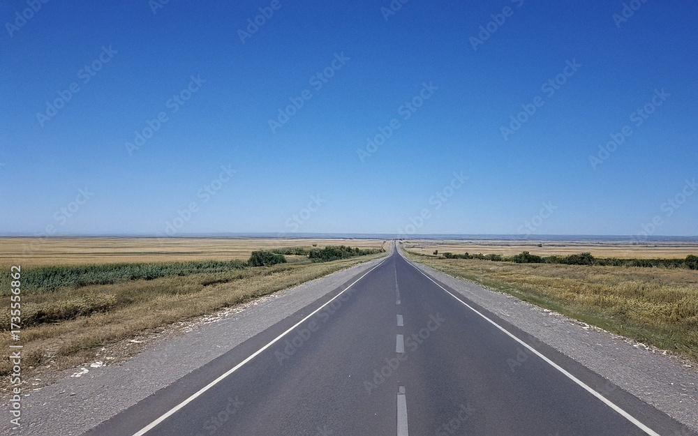 Fototapeta premium Open road through vast fields under clear blue sky