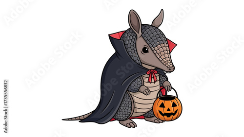 Halloween Armadillo: An adorable armadillo dons a vampire cloak and clutches a jack-o'-lantern pail, ready for a night of spooky fun, capturing the spirit of autumn, festivity, and playful charm.