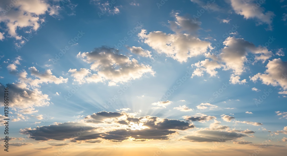 Obraz premium Vibrant blue sky with fluffy clouds and sunlight nature background