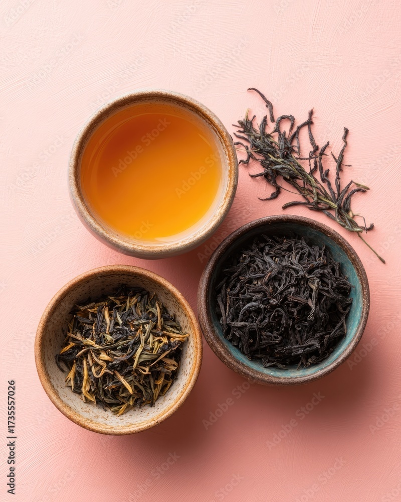 Fototapeta premium Assortment Of Teas In Ceramic Bowls On Pink Background