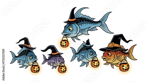 Spooky Fish Halloween Fantasy: A captivating fantasy image depicting a delightful assortment of cartoon fish adorning whimsical witch hats and carrying glowing jack-o'-lanterns.