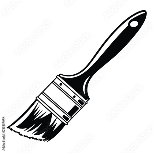 Black and white illustration of a paint brush with bristles and handle on a white background paintbrush