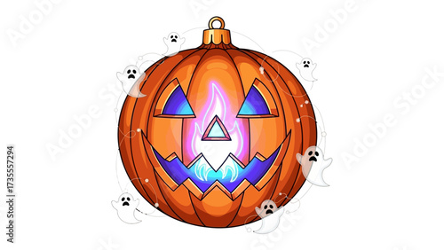 Halloween Ornament: A unique halloween ornament featuring an illuminated jack-o'-lantern design, with ghostly companions and a festive, glowing ambience. 