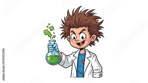 Mad Scientist with beaker: A cartoonish illustration of a young scientist with wild hair holds a beaker filled with green liquid, exuding the energetic spirit of scientific exploration.