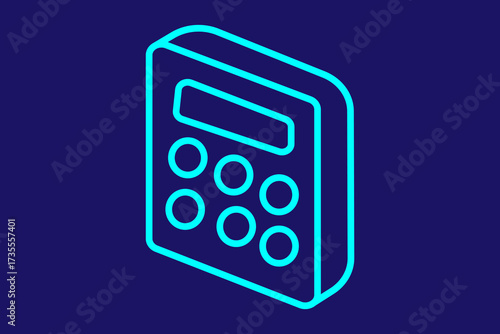 he image illustrates a modern calculator icon. It is designed with a cyan-blue outline on a dark navy background, giving it a clean and futuristic appearance.