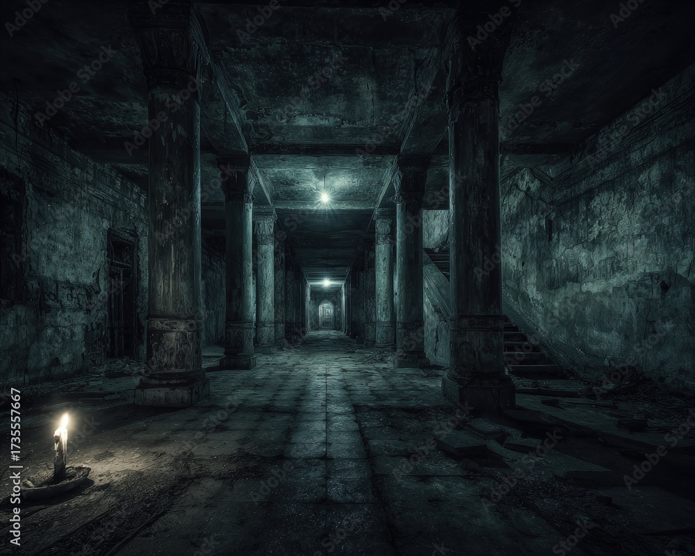 Obraz premium Abandoned Underground Corridor With Dim Light