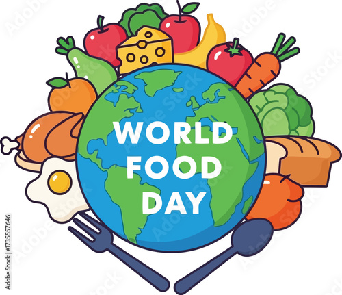 World food day earth surrounded by diverse healthy foods and utensils celebration concept vector