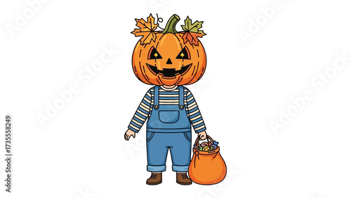Pumpkin Head Costume: A charming and whimsically illustrated figure of a person costumed as a pumpkin head, adorned with autumnal leaves and holding a treat bag, perfect for Halloween festivities.