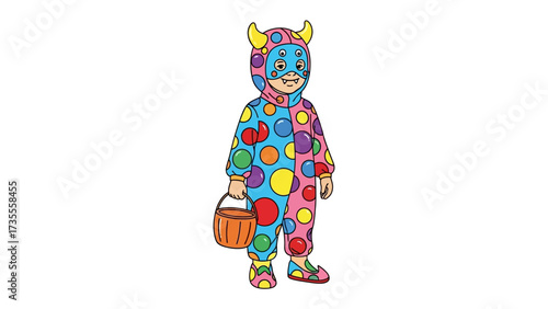 Child in Halloween Costume: A cheerful child dressed in a vibrant, polka-dotted costume, ready for Halloween night, holding an orange bucket. Capturing the joy of childhood, imagination.