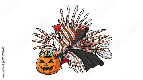 Halloween Fish: This whimsical illustration features a Lionfish dressed as a vampire, clutching a jack-o'-lantern basket, embodying the spirit of Halloween in a playful way.