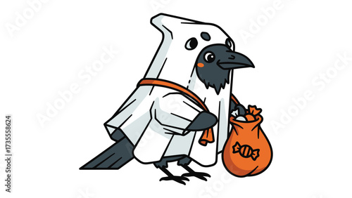 Spooky Halloween Raven: A charming illustration of a raven dressed in a ghost costume, a playful symbol of Halloween. A cute raven in a ghost costume, carrying a bag of candy.