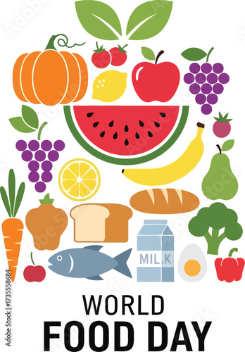 World food day healthy eating fruits vegetables grains fish balanced diet vector