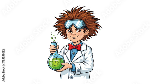 Young Scientist with Flask: A cheerful illustration shows a young scientist in a lab coat holding a flask with a bubbling green liquid, embodying the spirit of scientific inquiry and discovery.