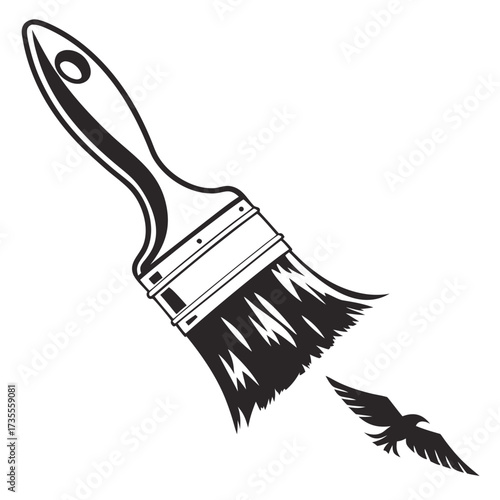 Black and white illustration of a paintbrush with a bird flying out of the bristles on a white background