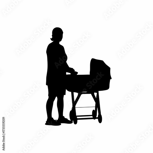 Silhouette of a caregiver gently rocking a cradle isolated on white background