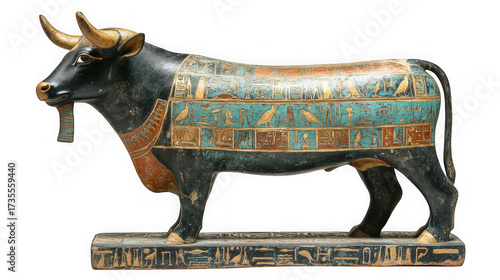 Ancient egyptian statue of a bull, possibly apis, adorned with hieroglyphs and vibrant colors, isolated on transparent background
