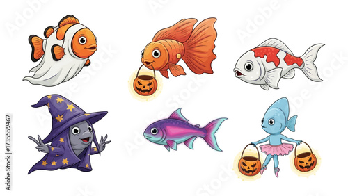 Whimsical Aquatic Halloween: A vibrant array of fish characters, transformed into playful Halloween symbols, bringing a unique touch of fun and artistry. 