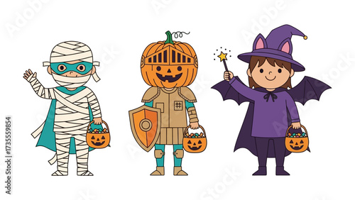 Spooky Characters: Three whimsical Halloween figures, a mummy, a pumpkin knight, and a witch, stand side by side, exuding a playful and inviting vibe.