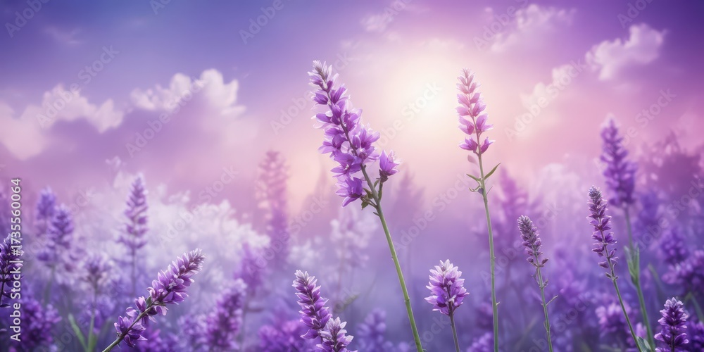 Naklejka premium Soft purple abstract background with blooming lavender flowers and bokeh circles in various sizes