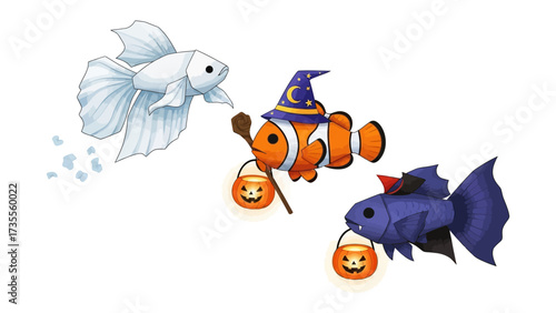 Halloween Fish: The colorful fish with their festive attire, capturing the spirit of Halloween and adding a touch of aquatic whimsy to the spooky celebration.