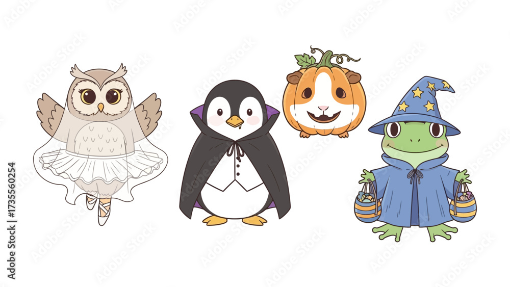 Obraz premium Halloween Animal Ensemble: A whimsical collection of animals in festive costumes, including a ballet owl, a vampire penguin, a guinea pig pumpkin, and a wizard frog.