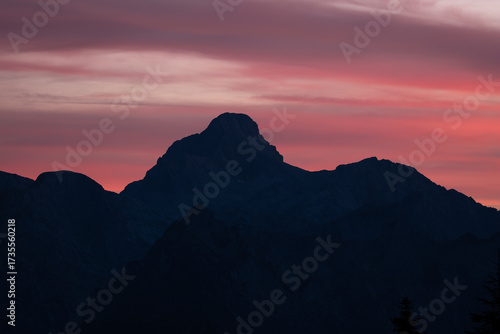 Silhouetted alpine peaks of the Rofan Mountains against dramatic orange sunset sky