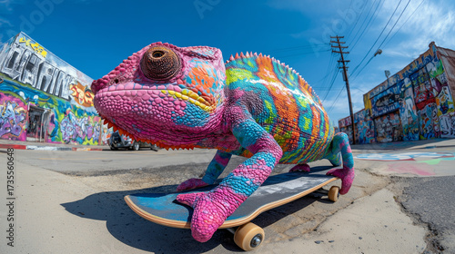 chameleon skateboarding through urban graffiti art