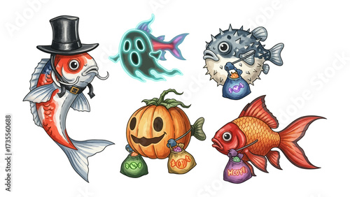 Whimsical Fish: A charming collection of whimsical illustrations features an array of fantastical fish characters, each with its unique design, showcasing creativity, charm, and playfulness.