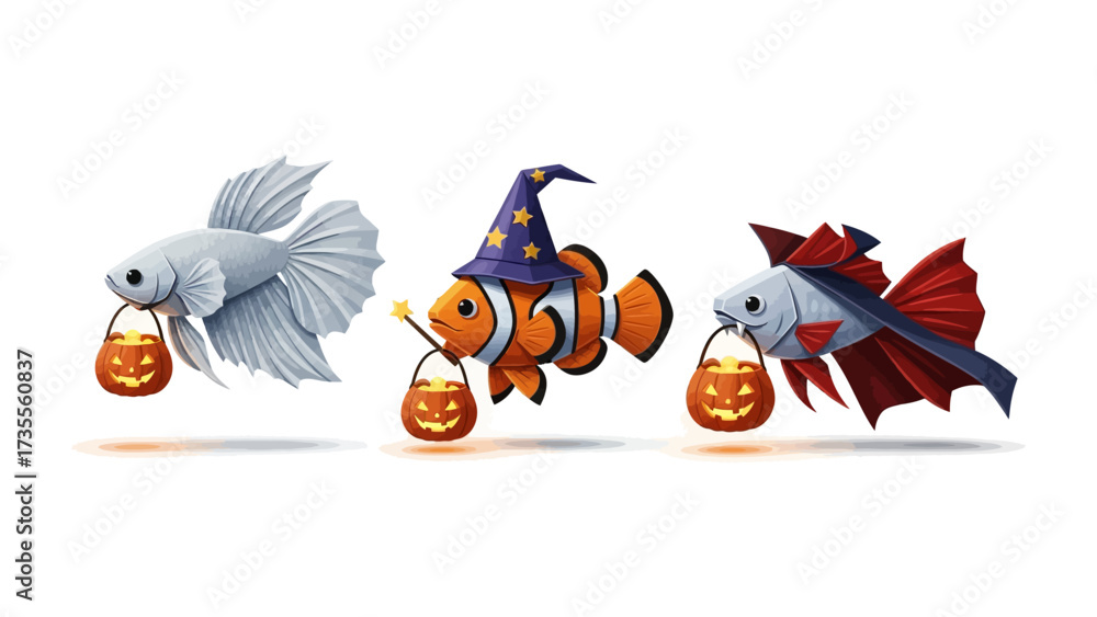 Fototapeta premium Spooky Underwater Crew: A trio of vibrant aquatic creatures, each dressed for a Halloween adventure, playfully navigate an ethereal aquatic scene, embodying the joy of the season.