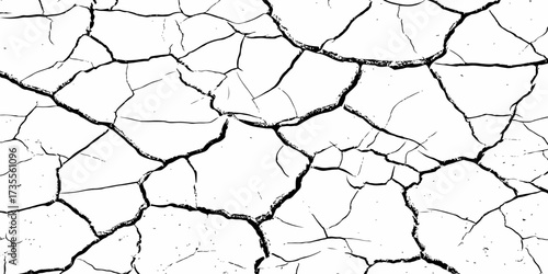 High contrast cracked dry earth texture background, abstract black and white pattern with natural fissures and rough surface design, perfect for grunge, rustic, and organic creative projects.
