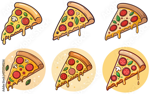 Set of six cartoon pizza slices with gooey cheese pepperoni mushrooms and basil in bright editable vector style for food design projects