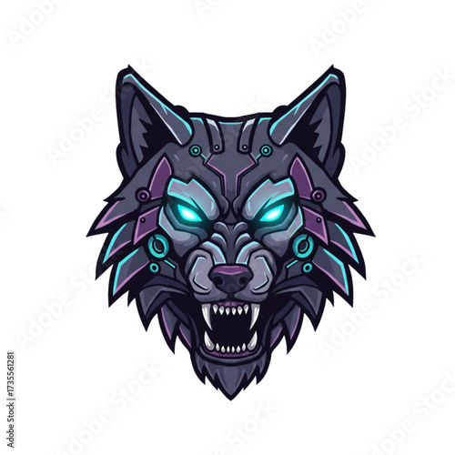 Futuristic Cyber Wolf Mascot Vector Logo - Roaring Robotic Canine with Glowing Blue Eyes for Sci-Fi Gaming Esports and Tattoo Designs