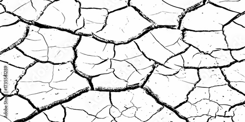 High contrast cracked dry earth texture background, abstract black and white pattern with natural fissures and rough surface design, perfect for grunge, rustic, and organic creative projects.