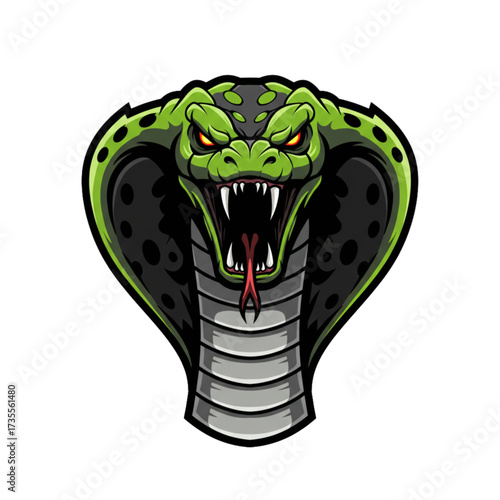 Venomous Green Cobra Mascot Vector Logo - Fierce Striking Snake with Red Eyes and Fangs for Gaming Esports Tattoo and Wildlife Branding