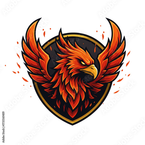 Fiery Phoenix Mascot Vector Logo - Flaming Mythical Bird Shield Badge with Embers for Fantasy Gaming Esports and Tattoo Designs