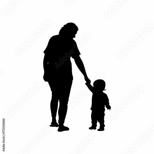 Silhouette of caregiver guiding toddler first steps isolated on white background